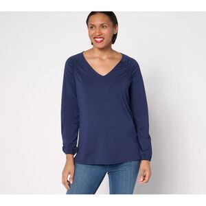 Maya J Women's Top Sz L TripleLuxe Knit Ruched Shoulder V-Neck Blue A679780
